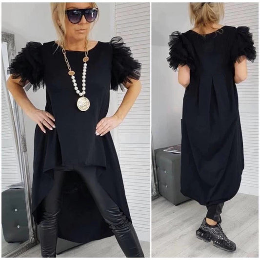 Tunic with tulle in black by ToroModa  https://www.toromoda.com/products/womens-tunic-with-tulle-in-black  Tunic dress with tulle on the sleeves, long back.Fabric: cotton with elastaneMade in Bulgaria