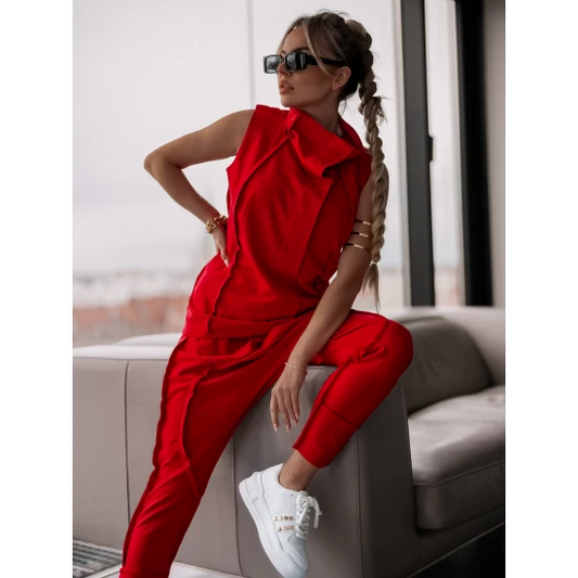 Woman set Love Me In Red by ToroModa  https://www.toromoda.com/products/woman-set-love-me-in-red  Set of high collar tank and pants with cuffs, two side pockets, elastic waist.Effective sewing with external seams.Fabric: 95% cotton, 5% elastane